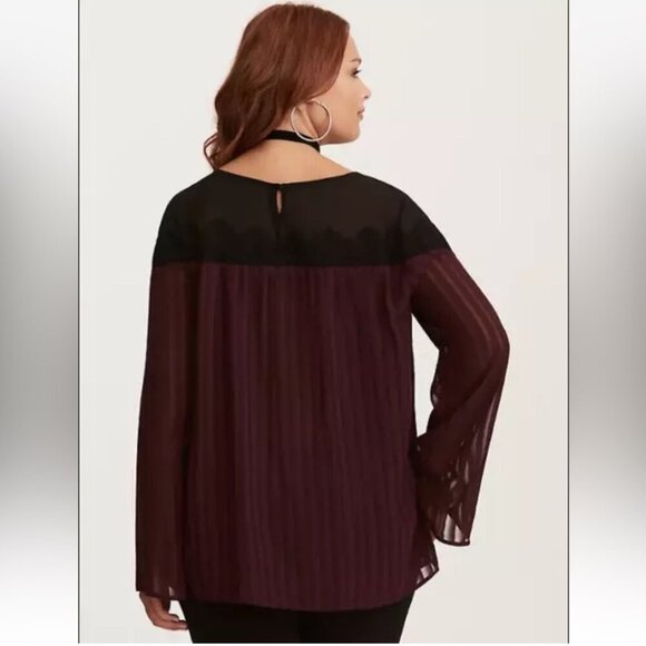 Torrid Black Purple Pleated Chiffon Lace Applique Bell Sleeve Blouse - Picture 2 of 16